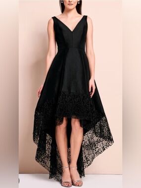 Betsy & Adam Black Lace Trim High Low Dress V Neck Pockets Size 6